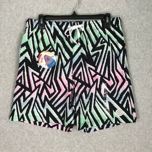 90s Brooklyn Cloth Swim Trunks Medium Volley Surf Board Neon‎ Zig Zag 6.5 Inseam
